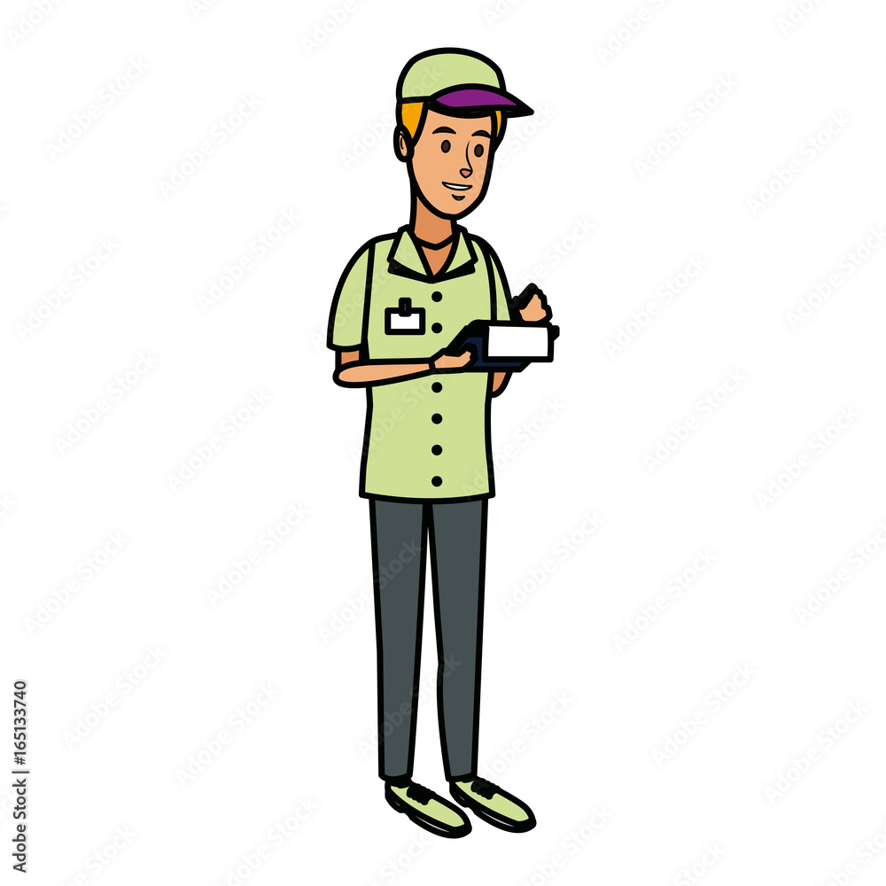 delivery man with clipboard and pen writing logistic