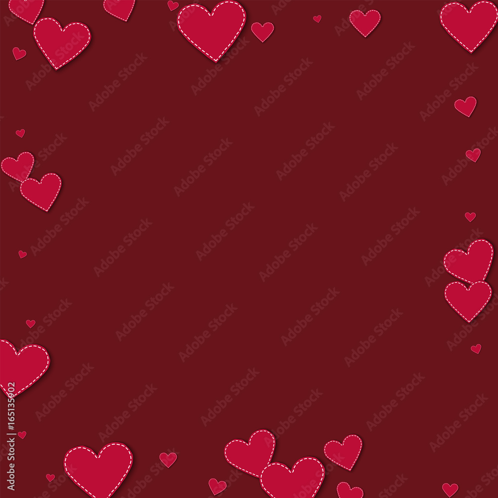 Red stitched paper hearts. Square scattered border on wine red background. Vector illustration.