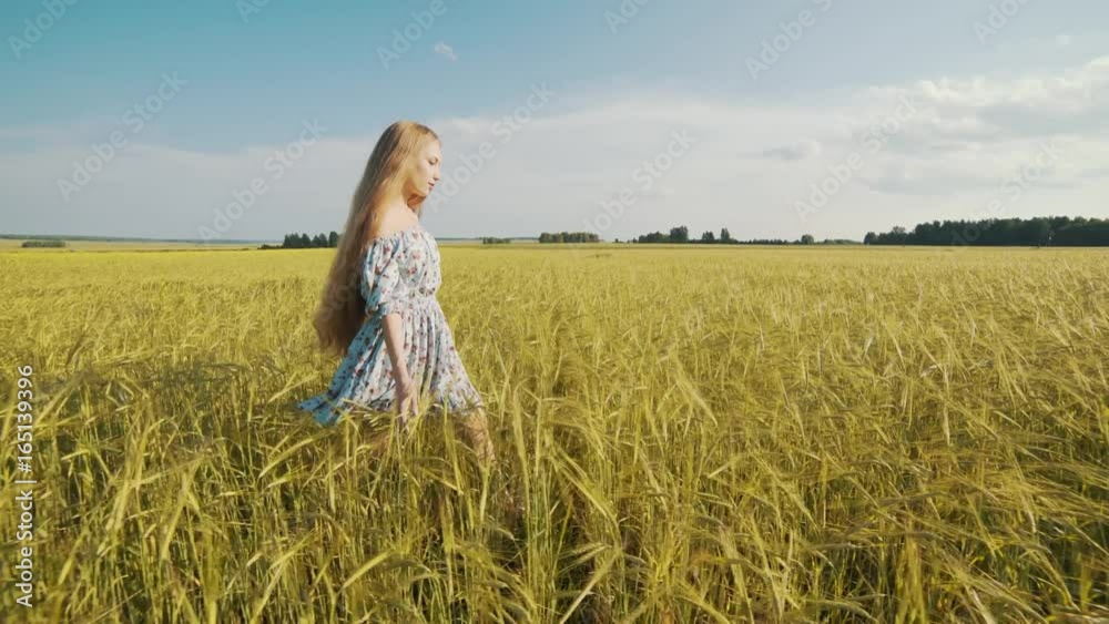 Slow motion. Beauty romantic girl walking alone through the golden wheat field and touching wheat ears. Young woman enjoying nature outdoors. Slow motion. Beauty romantic girl walking alone through the golden wheat field and touching wheat ears. Young woman enjoying nature outdoors.