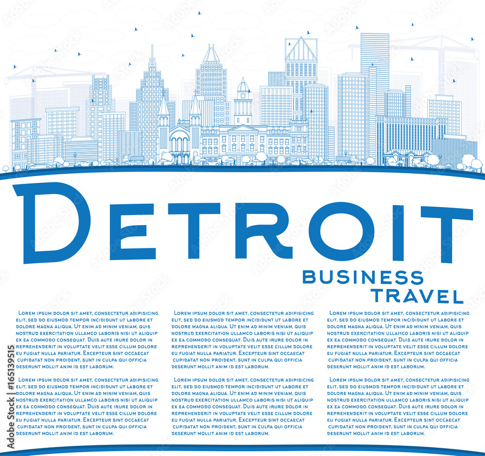 Outline Detroit Skyline with Blue Buildings and Copy Space.