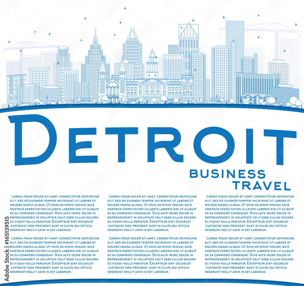 Outline Detroit Skyline with Blue Buildings and Copy Space. Outline Detroit Skyline with Blue Buildings and Copy Space.