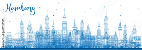Outline Hamburg Skyline with Blue Buildings.