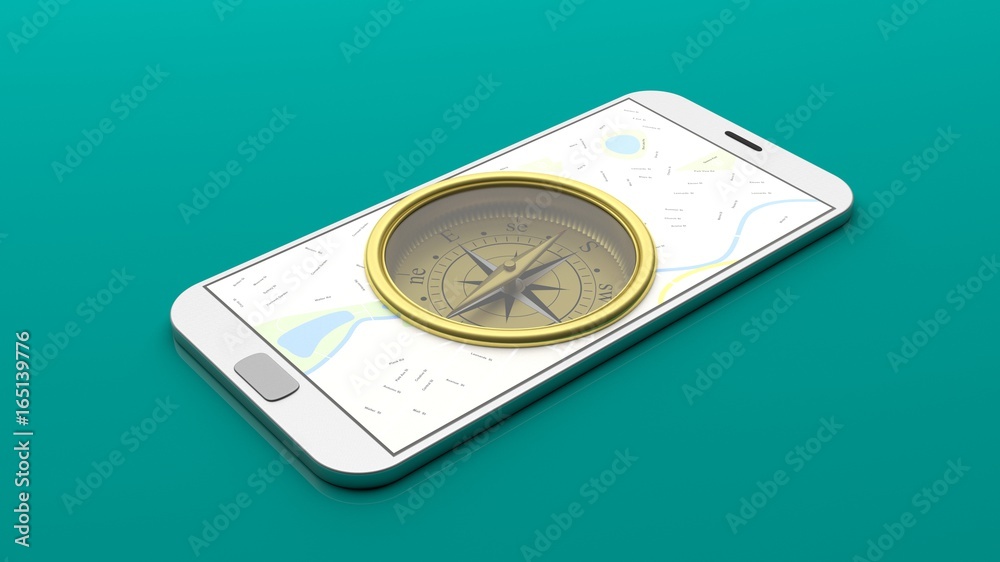 Compass and map on a smartphone screen. 3d illustration Compass and map on a smartphone screen. 3d illustration