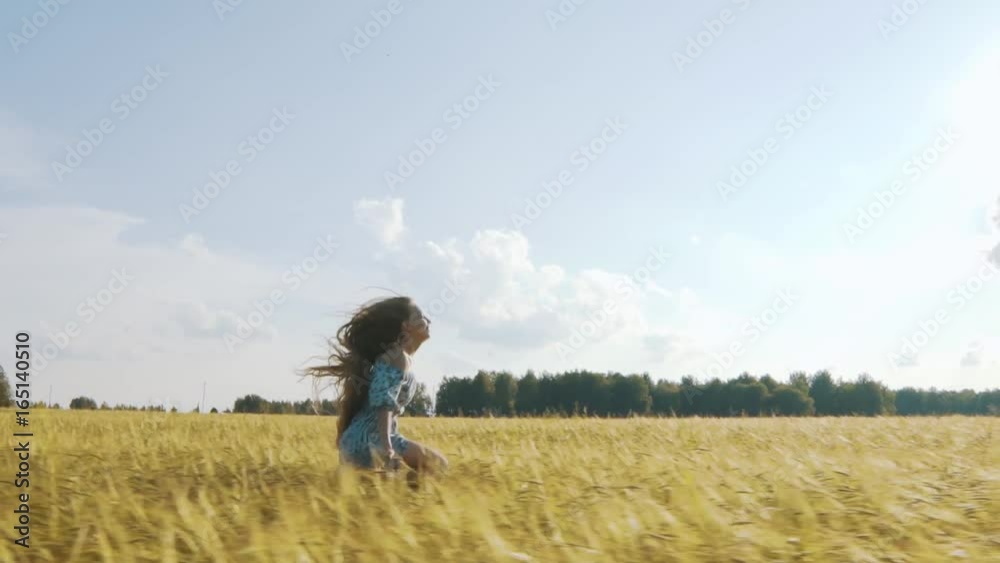 A young girl smiles happily and runs along the field of Golden wheat at sunset, slow motion. A young girl smiles happily and runs along the field of Golden wheat at sunset, slow motion.