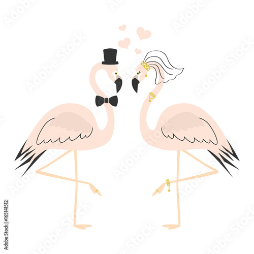 Beautiful pink flamingo couple wedding card on white background