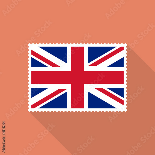 United Kingdom flag postage stamp with long shadow on blue background, flat design style. Vector illustration eps 10.