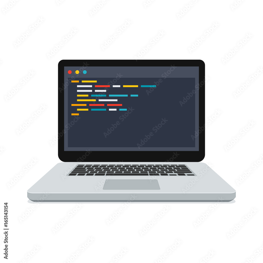 Programming or web development concept with code on the screen laptop, vector illustration