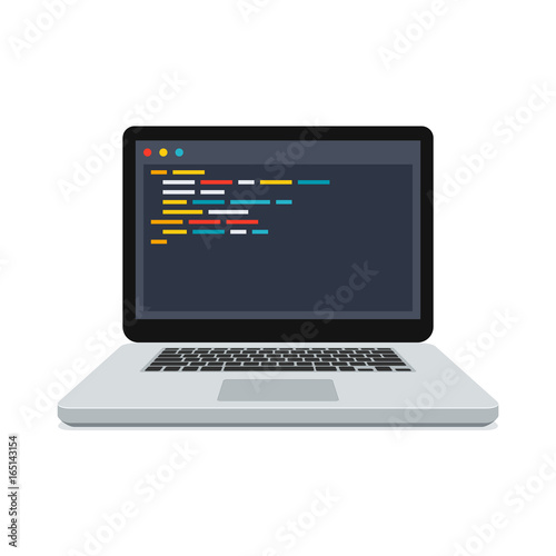 Programming or web development concept with code on the screen laptop, vector illustration