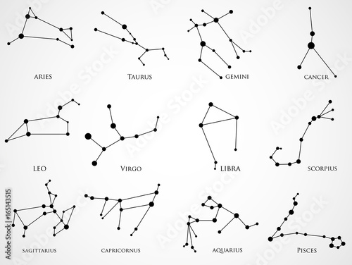 Set of zodiac constellations. Horoscope set: Aries, Leo, Sagitarius, Capricorn, Taurus, Virgo, Libra, Aquarius, Gemini, Cancer, Scorpio, Pisces