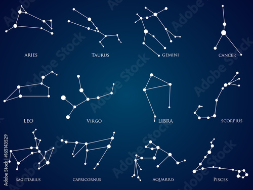 Set of zodiac constellations. Horoscope set: Aries, Leo, Sagitarius, Capricorn, Taurus, Virgo, Libra, Aquarius, Gemini, Cancer, Scorpio, Pisces