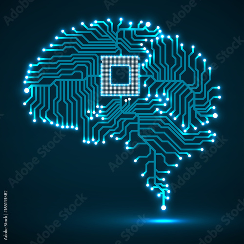 Abstract technological glowing brain. Cpu. Circuit board. Vector