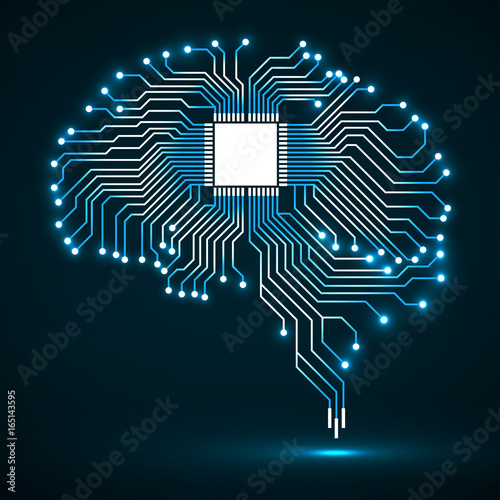 Abstract technological glowing brain. Cpu. Circuit board. Vector