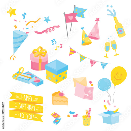 Set of colourful birthday party stuffs