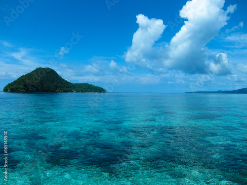 The aquamarine, clear blue waters of Raja Ampat in Indonesia.