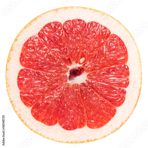 Macro Photo Of A Pink Grapefruit Slice Isolated On White