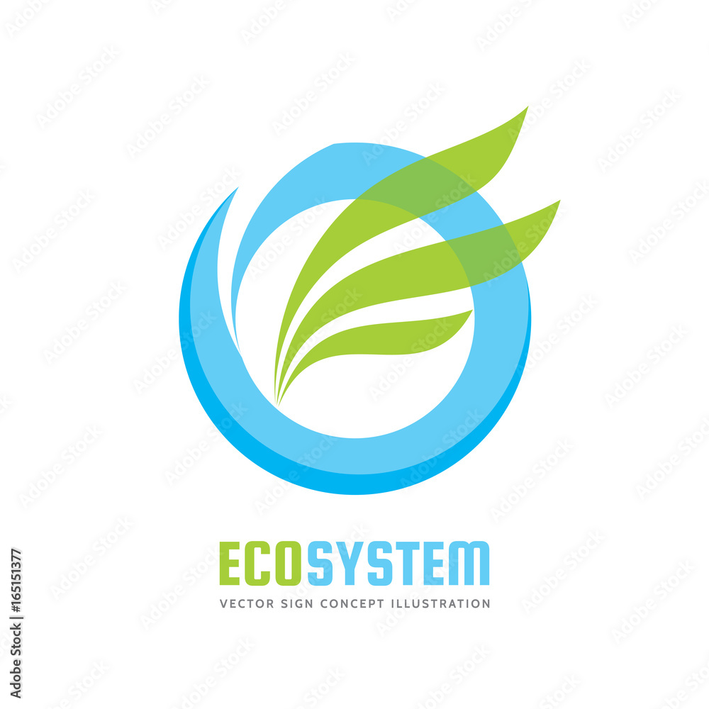 Ecology system - vector logo template concept illustration. Blue water ring and green leaves. Abstract nature sign. Design element. 