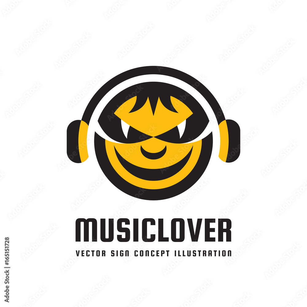Music lover - vector logo concept illustration in flat style design. Audio  mp3 sign. Modern sound icon. Dj symbol. Human head character. Headphones  insignia. Record label songs. Stock Vector | Adobe Stock