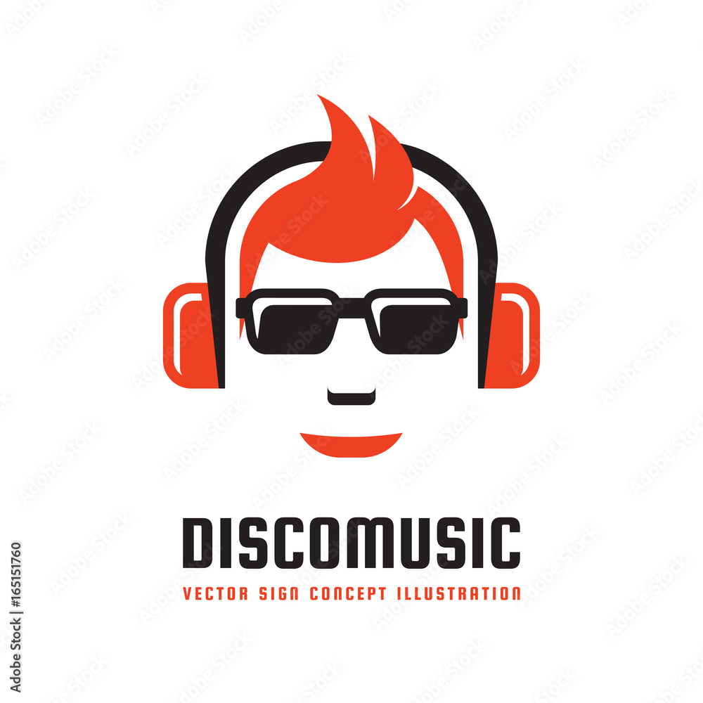 Disco music - vector logo template concept illustration in flat style  design. Audio mp3 sign. Modern sound icon. Dj symbol. Human head character.  Headphones insignia. Record label songs. Stock Vector | Adobe Stock