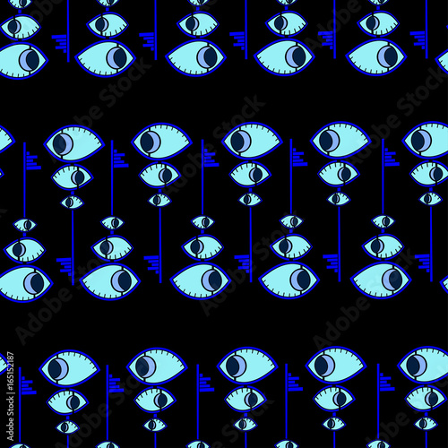 Blue cartoon eyes and keys seamless pattern. Psychedelic vector art. Idea for yoga decor