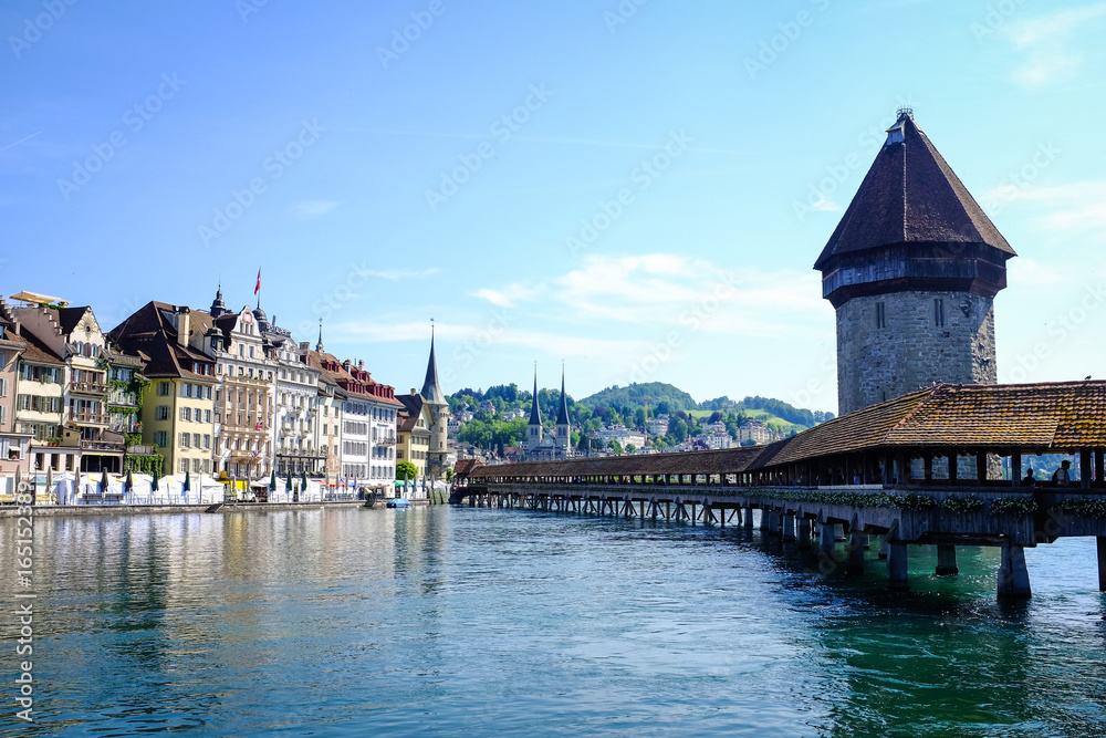 A beautiful day at the famous Chapel Bridge in Lucerne, Switzerland. 