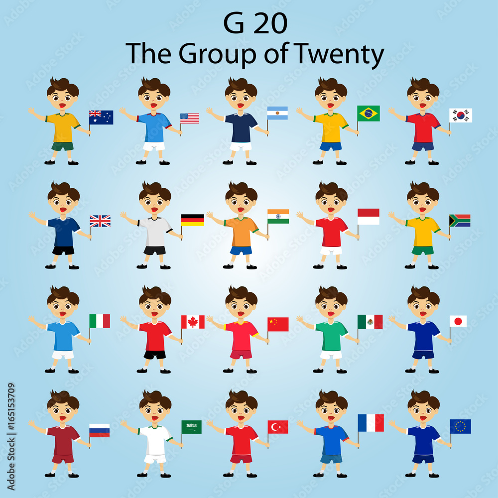 Vector illustration of G-20 countries flags.The Group of Twenty, the World's Leading 20 Economies.Banner for Summit, financial and economic international forum.Infographic design image.Boys with flags Vector illustration of G-20 countries flags.The Group of Twenty, the World's Leading 20 Economies.Banner for Summit, financial and economic international forum.Infographic design image.Boys with flags