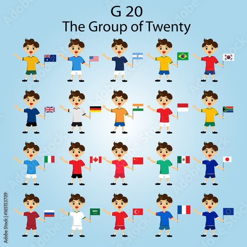 Vector illustration of G-20 countries flags.The Group of Twenty, the World's Leading 20 Economies.Banner for Summit, financial and economic international forum.Infographic design image.Boys with flags photo