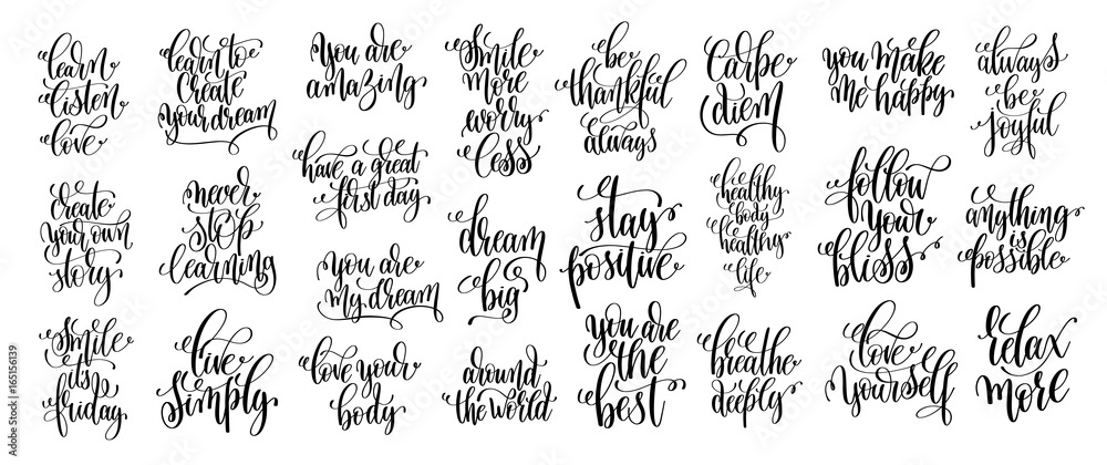 Plakat set of 25 hand lettering positive phrases, black and white inspi