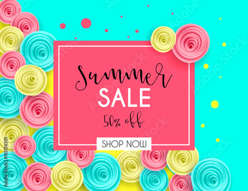 Summer sale background layout banners voucher discount cut paper art style for banner, poster, promotion, web site, online shopping, advertising. Vector illustration with paper rose flowers.