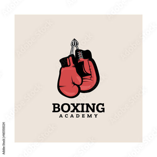 Boxing logotype template with hanging boxing gloves.