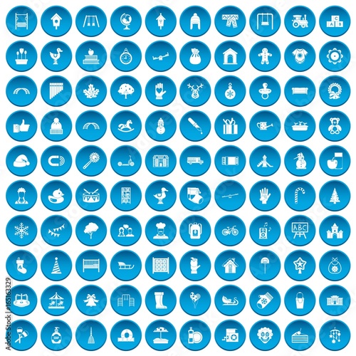 100 kindergarten icons set blue