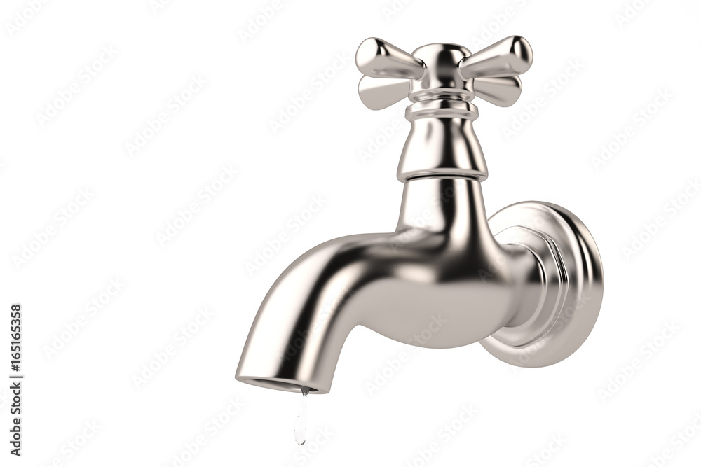 Chrome tap with a water stream isolated on white 3d illustration. Chrome tap with a water stream isolated on white 3d illustration.