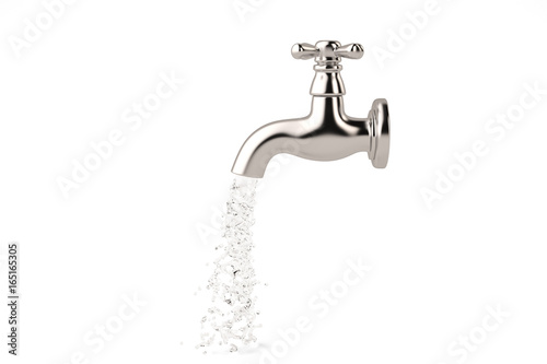 Chrome tap with a water stream isolated on white 3d illustration.
