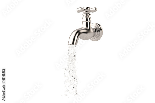 Fotografie, Obraz Chrome tap with a water stream isolated on white 3d illustration.