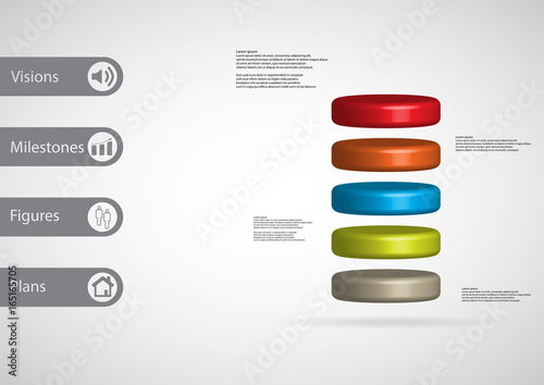 3D illustration infographic template with cylinder horizontally divided to five color slices