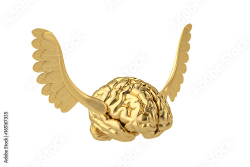 Fantasy journey golden brain with wings 3d illustration.