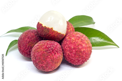fresh fruit lychee with green leaf on white background, Asian sweet fruit.
