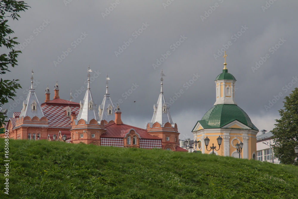 Sergiev Passad, Territory adjacent to the Temple of St. Sergius of Radonezh. The cupolas of the cathedral, an ancient fortress. Summer, Russia.