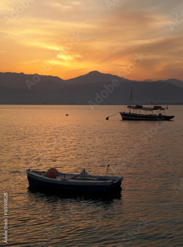 Two Fishing Boats on Aegean Sea at the Sunset, Nafplio, Greece