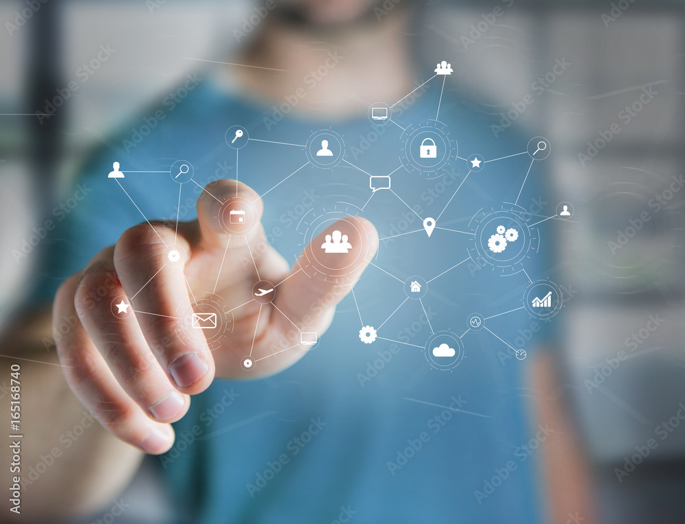 Fototapeta premium Business network connection displayed on a futuristic interface with technology icon - Worldwide business concept