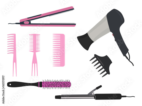Hair dryer, a curling iron and different types of pink hair brushes on a white background. Vector illustration.