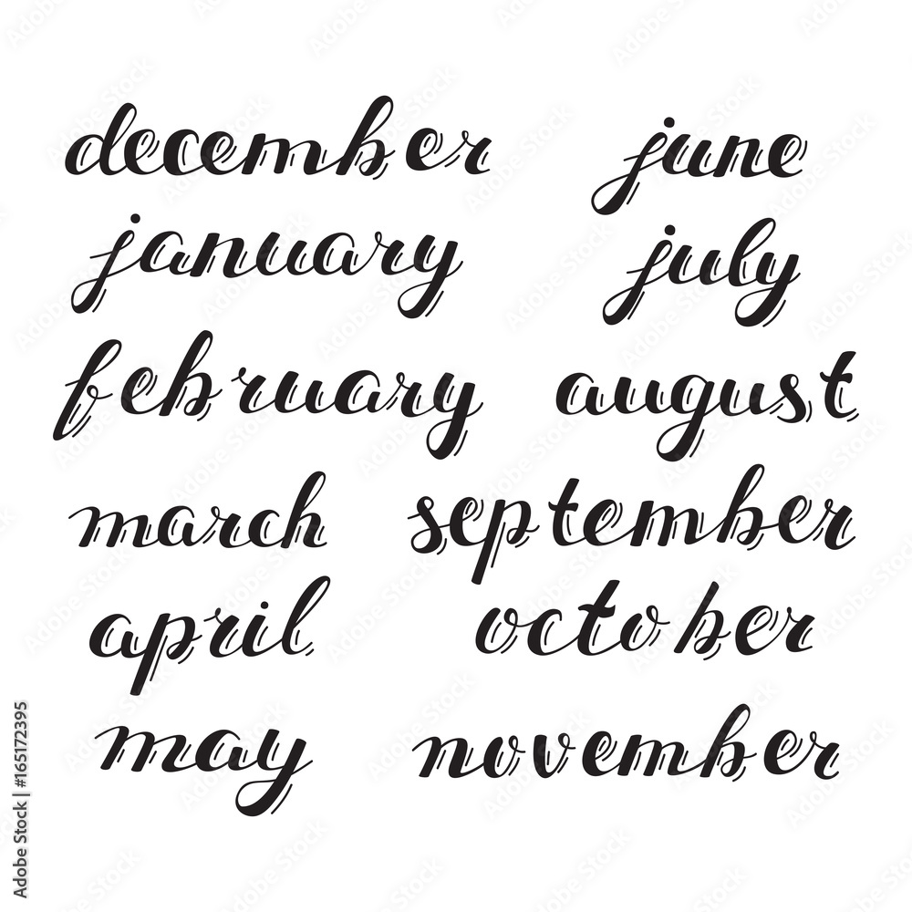 Hand-drawn Calendar Set. Set of Months of the Year. Handlettering Isolated on White. Hand-drawn Calendar Set. Set of Months of the Year. Handlettering Isolated on White.