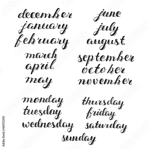 Hand-drawn Calendar Set. Set of Months of the Year and Days of Week. Handlettering Isolated on White.