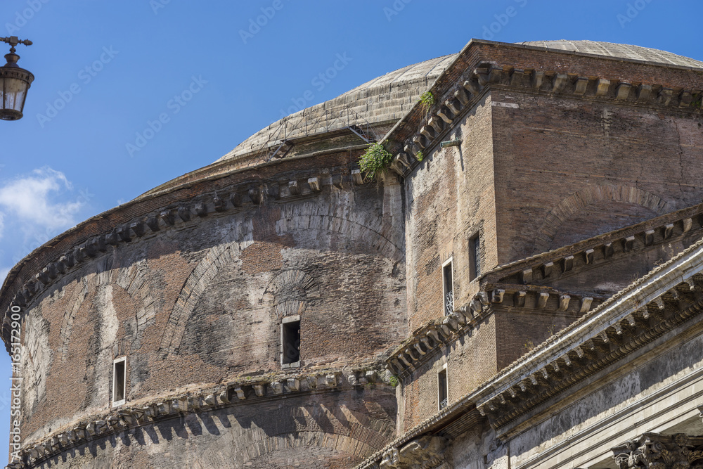 Detail of Pantheon in Rome. Close view exterior. Pantheon was bu