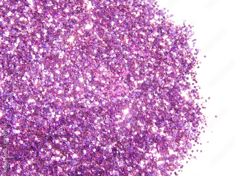 Fototapeta premium Purple glitter sparkles on white background. Can be used as place for text, for greeting or invitation cards, fashion magazines, web sites etc.