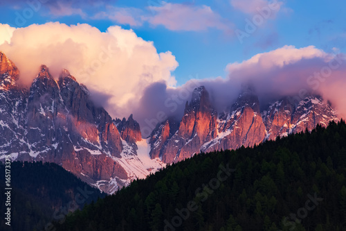 Dolomites Italian Alps at beautiful sunset. Val di Funes, Italy