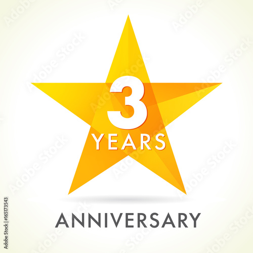 3 years anniversary star logo. 3th years anniversary golden vector sign facet star isolated on white background