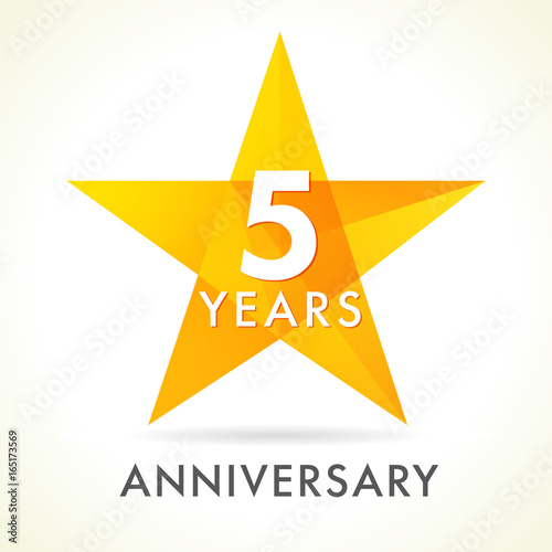 5 years anniversary star logo. 5th years anniversary golden vector sign facet star isolated on white background