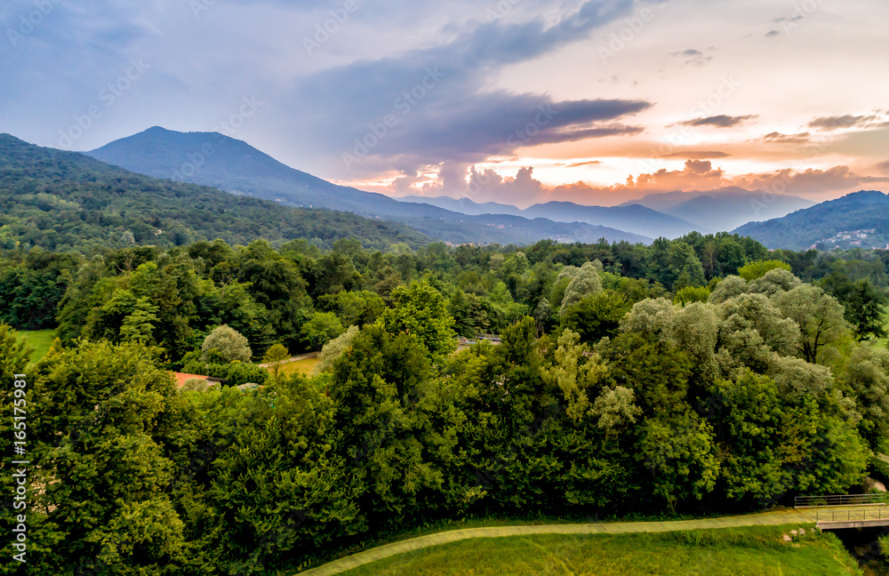 Aerial view of natural landscape of sunset in the mountains.