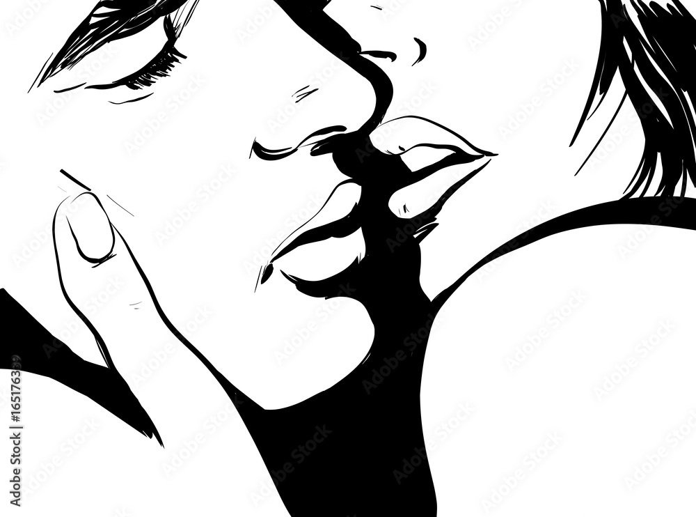 Croquis Noir Et Blanc Couple Amour Baiser Gros Plan Illustration Stock Adobe Stock