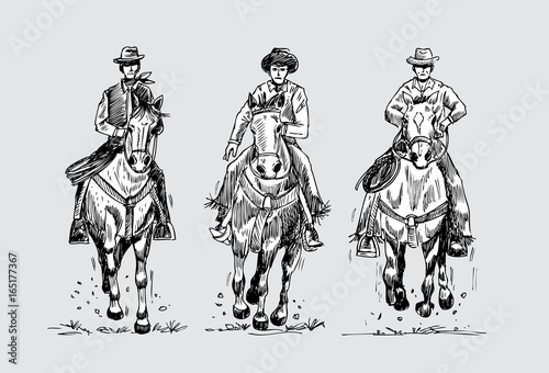 Hand drawn three cowboys riding horses, vector illustration